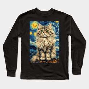 Siberian Cat Breed Painting in a Van Gogh Starry Night Art Style Long Sleeve T-Shirt